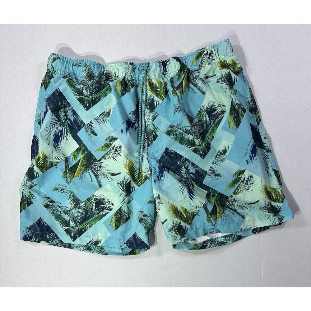 Rokka & Rolla Men's XXL Swim Trunks Palm Tree Print Blue Green Board Shorts